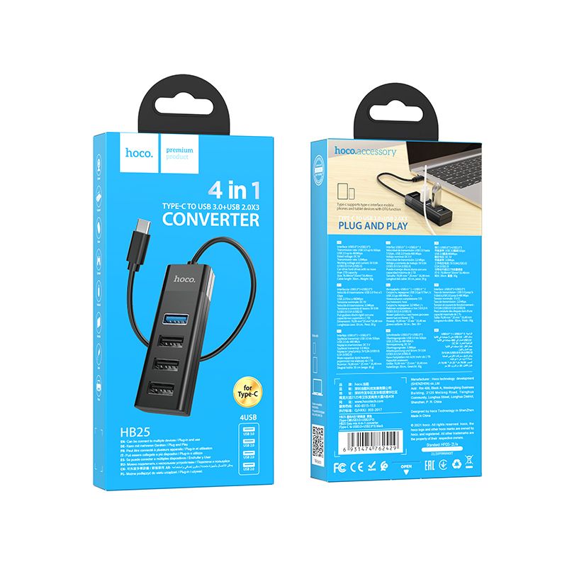Hoco 4 poorts HUB Cable - USB-C naar USB-A 2.0 en 3.0